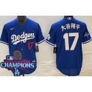 Men's Los Angeles Dodgers #17 Shohei Ohtani Blue Japanese Player Number 2024 World Series Champions Cool Base Jersey
