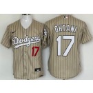 Men's Los Angeles Dodgers #17 Shohei Ohtani Khaki Stripes Cool Base Jersey