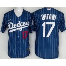 Men's Los Angeles Dodgers #17 Shohei Ohtani Navy Stripes Player Number Cool Base Jersey