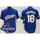Men's Los Angeles Dodgers #18 Yoshinobu Yamamoto Blue City 2024 World Series Champions Cool Base Jersey