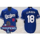 Men's Los Angeles Dodgers #18 Yoshinobu Yamamoto Blue Japanese 2024 World Series Champions Cool Base Jersey