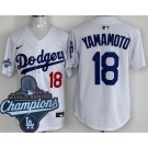 Men's Los Angeles Dodgers #18 Yoshinobu Yamamoto White 2025 World Series Champions Limited Jersey