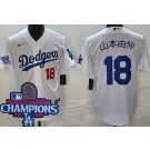 Men's Los Angeles Dodgers #18 Yoshinobu Yamamoto White Japanese 2024 World Series Champions Cool Base Jersey