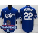 Men's Los Angeles Dodgers #22 Clayton Kershaw Blue 2024 World Series Champions Cool Base Jersey