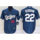 Men's Los Angeles Dodgers #22 Clayton Kershaw Blue Stripes Red Number Cool Base Jersey