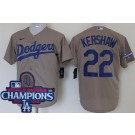 Men's Los Angeles Dodgers #22 Clayton Kershaw Gray 2024 World Series Champions Cool Base Jersey