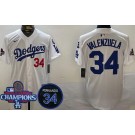 Men's Los Angeles Dodgers #34 Fernando Valenzuela White 2024 World Series Champioins Fernando Patch Limited Jersey