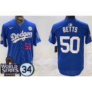 Men's Los Angeles Dodgers #50 Mookie Betts Blue 2024 World Series Fernando Patch Limited Jersey
