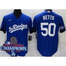 Men's Los Angeles Dodgers #50 Mookie Betts Blue City 2024 World Series Champions Cool Base Jersey