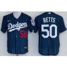 Men's Los Angeles Dodgers #50 Mookie Betts Blue Stripes Red Number Cool Base Jersey