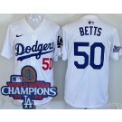 Men's Los Angeles Dodgers #50 Mookie Betts White 2024 World Series Champions Limited Jersey