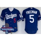 Men's Los Angeles Dodgers #5 Freddie Freeman Blue 2024 World Series Champions Authentic Jersey