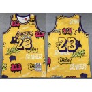 Men's Los Angeles Lakers #23 LeBron James Yellow Doodle Fashion Swingman Jersey