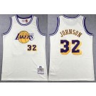 Men's Los Angeles Lakers #32 Magic Johnson Cream Chainstitch Throwback Swingman Jersey