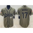Men's Miami Dolphins #17 Jaylen Waddle Limited Olive 2022 Salute To Service Baseball Jersey