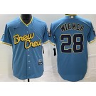 Men's Milwaukee Brewers #28 Joey Wiemer Powder Blue 2022 City Connect Cool Base Jersey