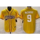 Men's Minnesota Vikings #9 JJ McCarthy Limited Yellow Baseball Jersey