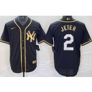 Men's New York Yankees #2 Derek Jeter Black Gold Cool Base Jersey