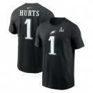Men's Philadelphia Eagles #1 Jalen Hurts Black Super Bowl LIX Patch T Shirt