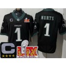 Men's Philadelphia Eagles #1 Jalen Hurts Limited Black C Patch Super Bowl LIX FUSE Vapor Jersey