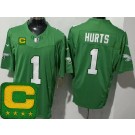 Men's Philadelphia Eagles #1 Jalen Hurts Limited Kelly Green Captain Patch FUSE Vapor Jersey