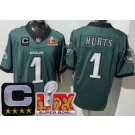 Men's Philadelphia Eagles #1 Jalen Hurts Limited Midnight Green C Patch Super Bowl LIX FUSE Vapor Jersey