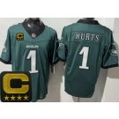 Men's Philadelphia Eagles #1 Jalen Hurts Limited Midnight Green Captain Patch FUSE Vapor Jersey