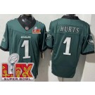 Men's Philadelphia Eagles #1 Jalen Hurts Limited Midnight Green Super Bowl LIX FUSE Vapor Jersey