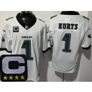 Men's Philadelphia Eagles #1 Jalen Hurts Limited White C Patch FUSE Vapor Jersey