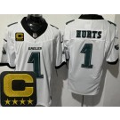 Men's Philadelphia Eagles #1 Jalen Hurts Limited White Captain Patch FUSE Vapor Jersey