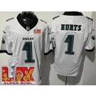 Men's Philadelphia Eagles #1 Jalen Hurts Limited White Super Bowl LIX FUSE Vapor Jersey