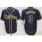 Men's Philadelphia Phillies #3 Bryce Harper Black Gold Cool Base Jersey