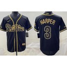 Men's Philadelphia Phillies #3 Bryce Harper Black Gold Cool Base Jersey