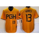 Men's Pittsburgh Pirates #13 Ke'Bryan Hayes Yellow 2023 City Connect Player Number Cool Base Jersey