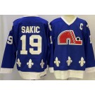 Men's Quebec Nordiques #19 Joe Sakic Blue Throwback Jersey