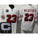 Men's San Francisco 49ers #23 Christian McCaffrey Limited White Alternate 2025 Captain Patch FUSE Vapor Jersey