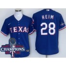 Men's Texas Rangers #28 Jonah Heim Royal Team Logo 2023 World Series Champions Cool Base Jersey