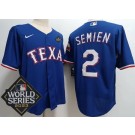 Men's Texas Rangers #2 Marcus Semien Royal Team Logo 2023 World Series Cool Base Jersey