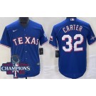 Men's Texas Rangers #32 Evan Carter Royal Team Logo 2023 World Series Champions Cool Base Jersey