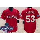 Men's Texas Rangers #53 Adolis Garcia Red Team Logo 2023 World Series Champions Cool Base Jersey