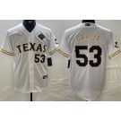 Men's Texas Rangers #53 Adolis Garcia White Gold 2023 World Series Player Number Cool Base Jersey