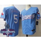 Men's Texas Rangers #5 Corey Seager Light Blue Team Logo 2023 World Series Champions Cool Base Jersey