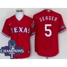 Men's Texas Rangers #5 Corey Seager Red Team Logo 2023 World Series Champions Cool Base Jersey