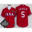Men's Texas Rangers #5 Corey Seager Red Team Logo 2023 World Series Cool Base Jersey