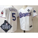 Men's Texas Rangers #5 Corey Seager White Team Logo 2023 World Series Cool Base Jersey