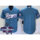 Men's Texas Rangers Blank Lgith Blue Team Logo 2023 World Series Champions Cool Base Jersey