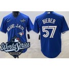 Men's Toronto Blue Jays #57 Shane Bieber Blue 2025 World Series Cool Base Jersey