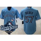 Men's Toronto Blue Jays #57 Shane Bieber Light Blue 2025 World Series Cool Base Jersey