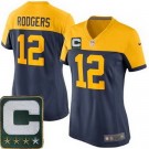 Women's Green Bay Packers #12 Aaron Rodgers Navy Yellow C Patch Jersey