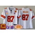 Women's Kansas City Chiefs #87 Travis Kelce Limited White NKH C Patch LVIII Super Bowl FUSE Vapor Jersey